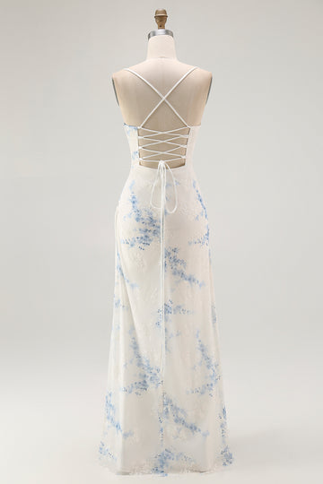 White Blue Flower Sheath Velvet Burnout Corset Wedding Guest Dress